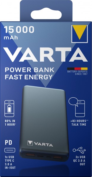 Varta batteristrømbank, 5V/15.000mAh, Fast Energy, grå 2xUSB-A/Micro-B/-C, Quick Charge 3.0