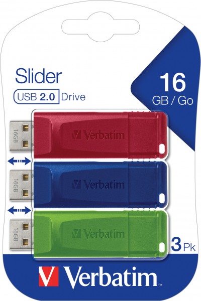 Verbatim USB 2.0 Stick 16GB, Slider, Rød-Blå-Grøn, Multipack (R) 10MB/s, (W) 4MB/s, Detail-Blister (3-Pack)