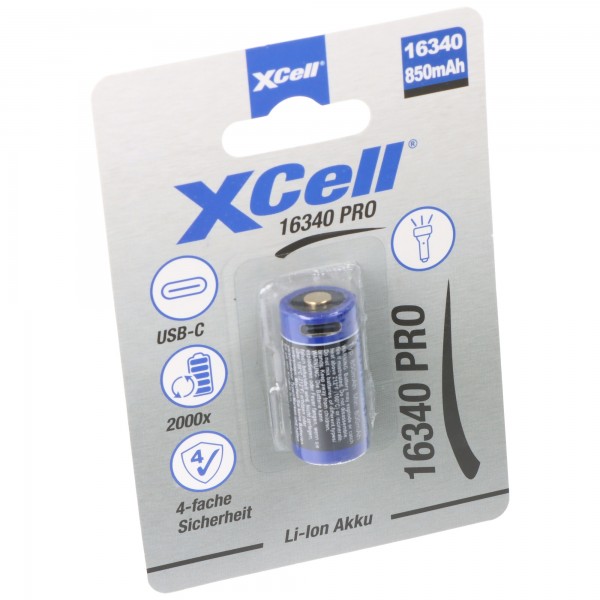 XCell Pro 16340 Li-Ion batteri CR123A beskyttet Li-Ion batteri, med USB-C ladestik, min. 800mAh maks. 850mAh, 3,6 volt