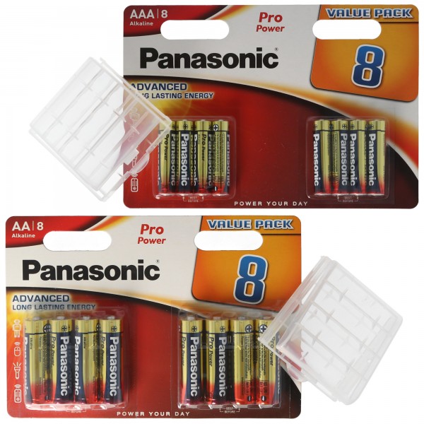 &quot;ALT DU BEHOV&quot; -pakke med 8x Panasonic AA-batterier, 8x Panasonic AAA-batterier og 2x opbevaringsbokse