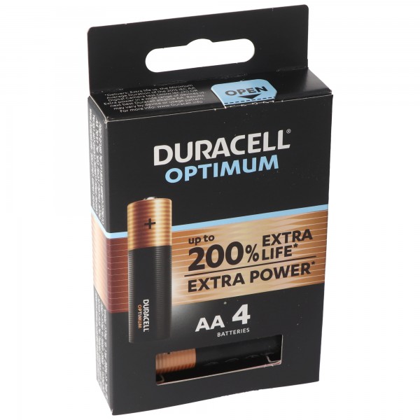 Duracell Optimum AA Mignon alkaliske batterier, 1,5V LR6 MX1500, 4-pak LR06