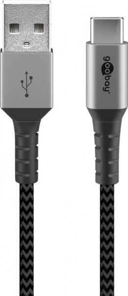 USB-C til USB-A tekstilkabel med metalstik, ekstra robust tilslutningskabel til enheder med USB-C-forbindelse, optimeret knækbeskyttelse
