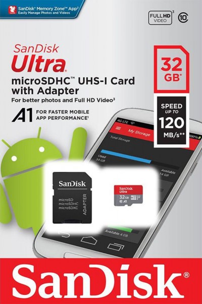 Sandisk microSDHC-kort 32GB, Ultra, Class 10, U1, A1 (R) 120MB/s, SD-adapter, detailblister