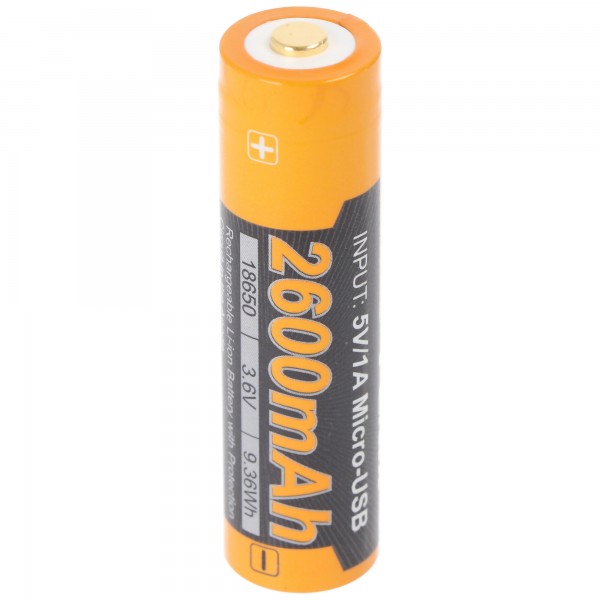 Li-ion batteri 18650, flere beskyttet med USB opladningsfunktion, 70x18,6mm 1 stk med AccuCell AccuSafe