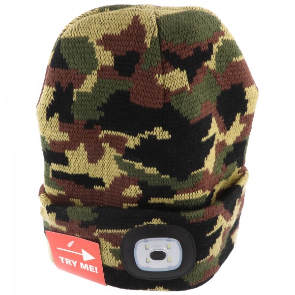 Hat med LED-frontlys, strikket hat med LED-lys ideel til jogging, camping, arbejde, gå osv., Genopladelig via USB og vaskbar, camouflage-farvet