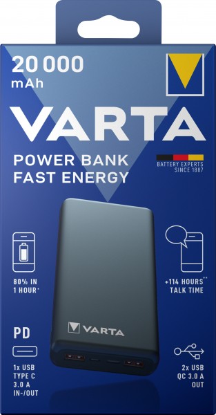 Varta batteri powerbank, 5V/20.000mAh, Fast Energy, grå 2xUSB-A/Micro-B/-C, Quick Charge 3.0