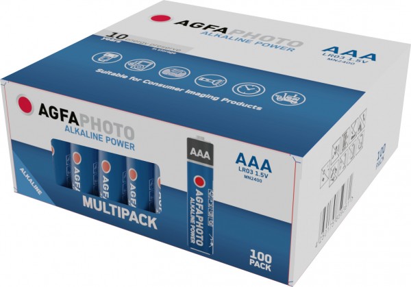 Agfaphoto batteri alkalisk, mikro, AAA, LR03, 1,5V strøm, detailboks (100-pak)
