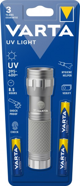 Varta LED-lommelygte UV-lys, 385-400nm inkl. 3x alkaliske AAA-batterier, blisterpakning