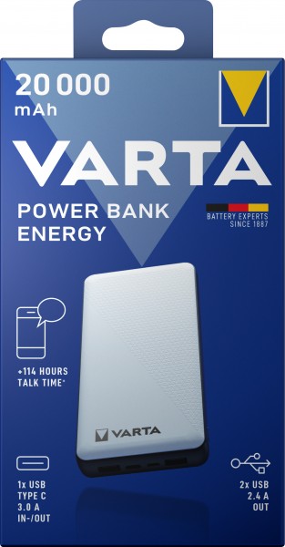 Varta batteri powerbank, 5V/20.000mAh, Energi, hvid 2xUSB-A/Micro-B/-C