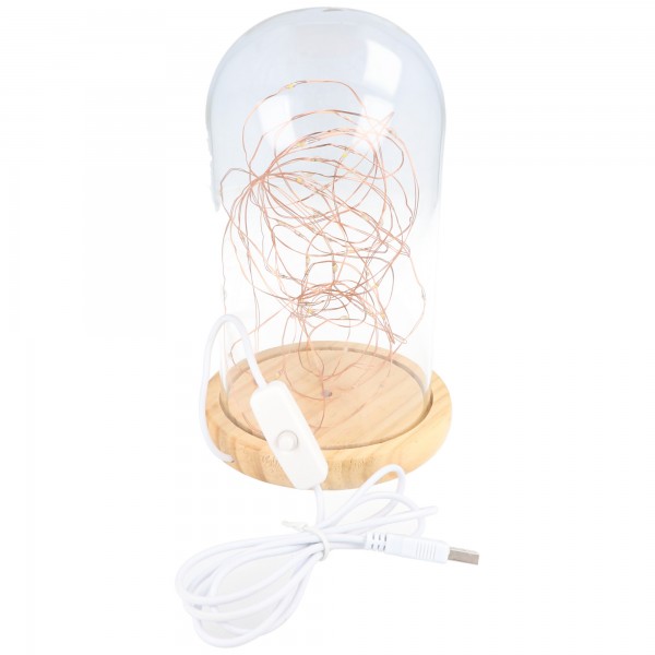 Goobay glasklokke med LED mikrolyskæde - med træbund, USB-kabel 115 cm, lyskæde 5 m med 50 mikrolysdioder i varm hvid (2700 K) og afbryder (tænd/sluk)