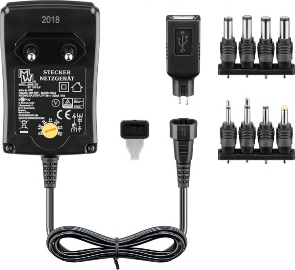3 V - 12 V universal strømforsyning inklusive 1 USB og 8 DC adaptere - maks. 18 W og 1,5 A