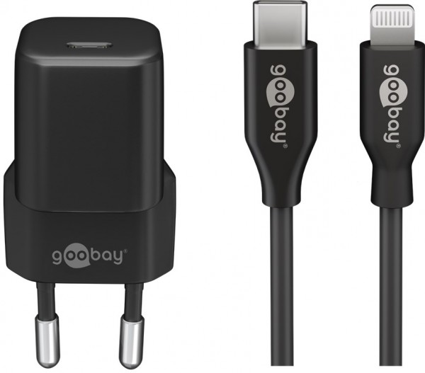 Goobay Lightning/USB-C™ PD ladesæt nano (20 W) - USB-C™ strømadapter 20 W inklusive USB-C™ til Lightning kabel til f.eks. eks iPhone 12