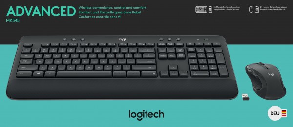 Logitech Tastatur/Musesæt MK545, Wireless, Unifying, Black Advanced, DE, Laser, 1000 dpi, Detail