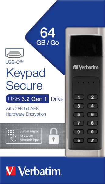 Verbatim USB 3.2 Stick 64GB, Sikker, Tastatur, AES-256-Bit Type-C, (R) 160MB/s, (W) 140MB/s, Detailhandel
