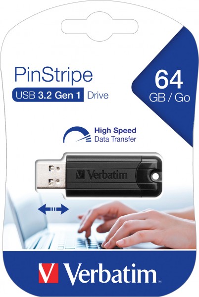 Verbatim USB 3.2 Stick 64GB, PinStripe, sort Type-A, (R) 30MB/s, (W) 10MB/s, detailblister