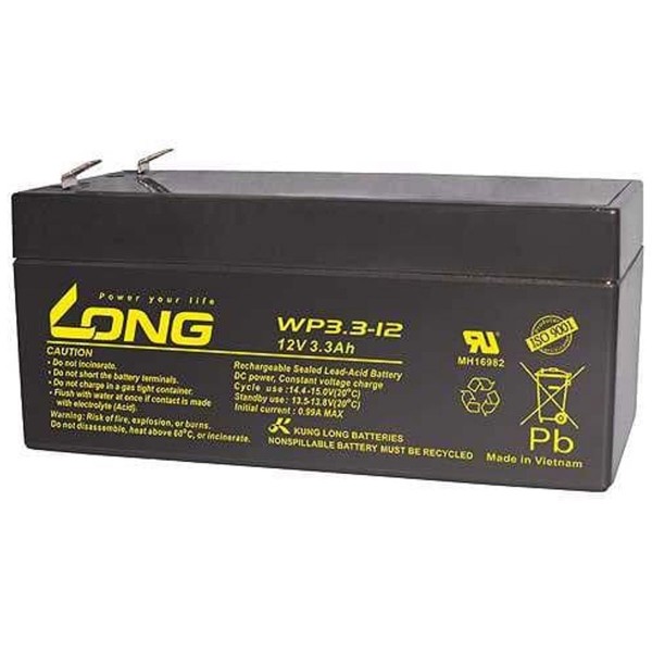 WP3.3-12 Kung Long blybatteri med 12 volt og 3300mAh kapacitet, Faston 4,8 mm kontakter