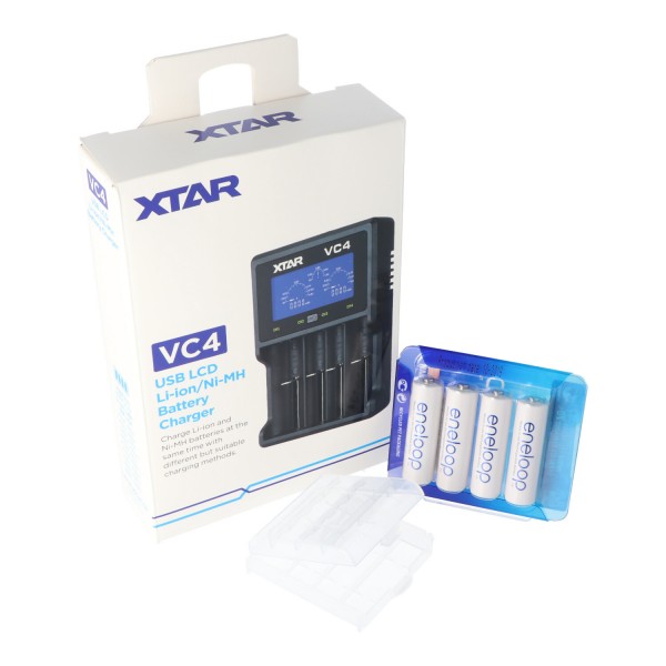 XTAR VC4 hurtigoplader i sæt med fire stykker Panasonic Eneloop BK-3MCC1 batterier + Batteriopbevaringsboks gratis!