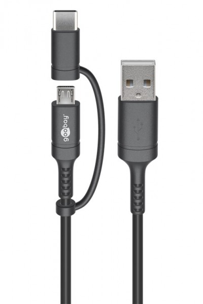 Opladnings- og synkroniseringskombinationskabel (med USB A til Micro-USB og USB-C) med Micro-B og USB-C-stik