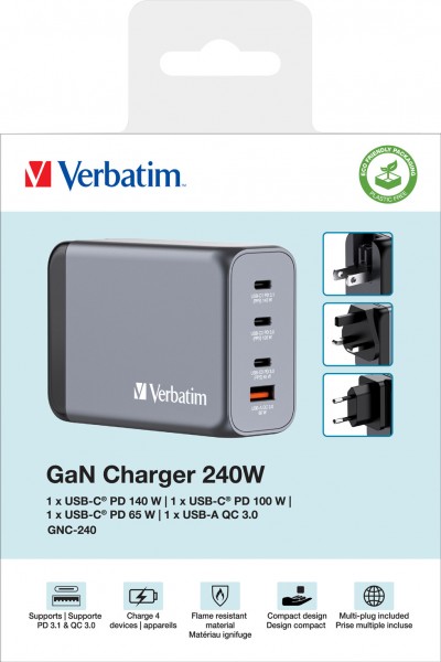 Verbatim opladningsadapter, universal, GNC-240, GaN, 240W, grå 1x USB-A QC, 3x USB-C PD, detailhandel