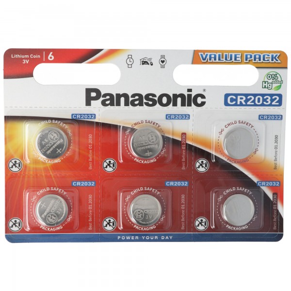 CR2032 Panasonic lithiumbatteri i 6-pakken, IEC CR 2032, kan opbevares i op til 10 år