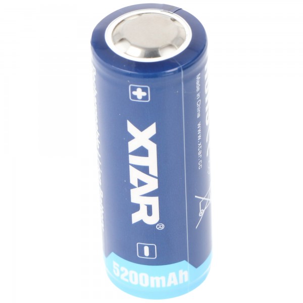 XTAR 26650 - 5200mAh, 3,6V - 3,7V Li-Ion batteri, PCB-beskyttet, 26,5x68,2mm