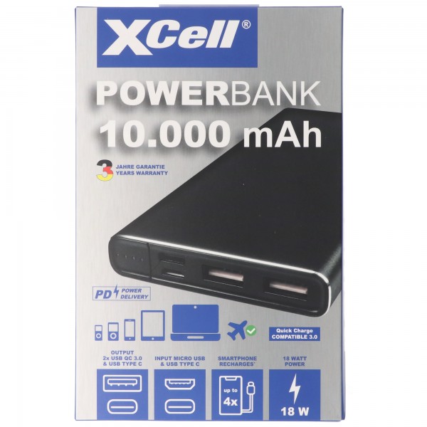 Li-Polymer Powerbank 10000mAh USB Type C og 2x QC3.0 18 Watt, maks. 3A