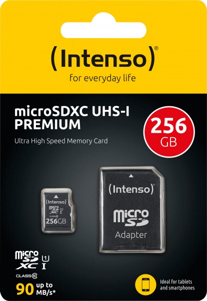 Intenso microSDXC-kort 256GB, Premium, Klasse 10, U1 (R) 90MB/s, (W) 10MB/s, SD-adapter, detailblister