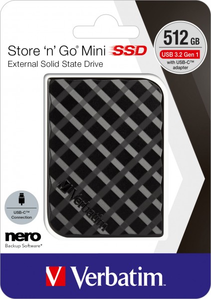Verbatim SSD 512GB, USB 3.2, Type AC, Mini Store'n'Go Mini, (R) 450MB/s, (W) 420MB/s, Detailhandel