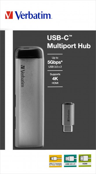 Verbatim Hub, USB 3.1-C, Multiport 2x USB 3.0, HDMI 4K Power Charge, USB-C-kabel, 15 cm, Detailhandel