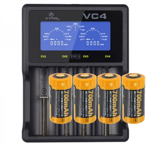 CR123 Et Li-ion batteri med 3,7 volt, 760mAh 4 stykker og LCD hurtig oplader
