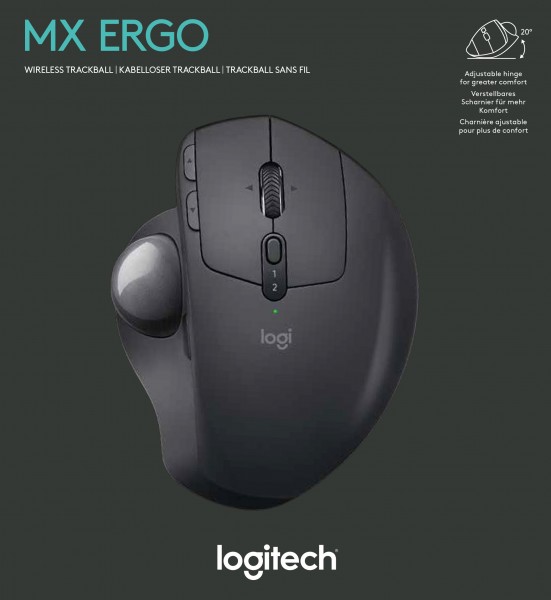 Logitech Mouse MX Ergo, trådløs, Unifying, sort optisk, 440 dpi, 8 knapper, trackball, batteri, detailhandel