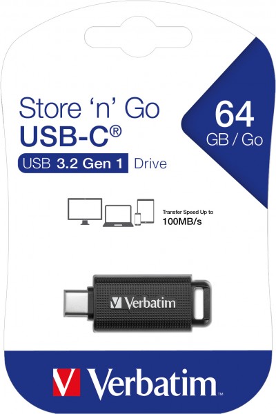 Verbatim USB 3.2 Stick 64GB, udtrækkelig Type-C, (R) 100MB/s, (W) 20MB/s, detailblister