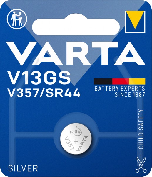 Varta batteri sølvoxid, knapcelle, V13GS, SR44, 1,55V elektronik, detailblister (1-pakke)