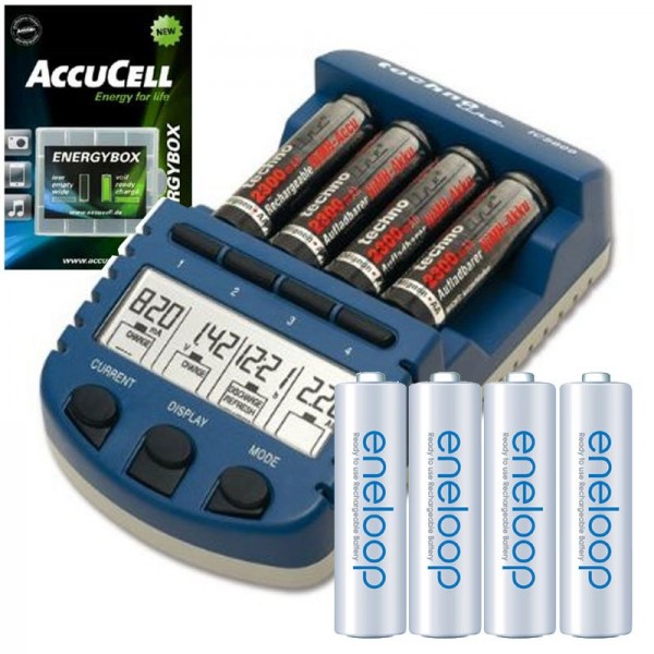 Technoline BC 1000 Sæt batterioplader blå med Sanyo Eneloop HR-3UTGB og AccuCell AkkuBox
