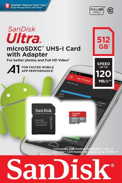 Sandisk microSDXC-kort 512 GB, Ultra, Klasse 10, U1, A1 (R) 120 MB/s, SD-adapter, blisterpakning