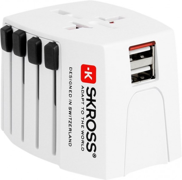 Skross World Adapter MUV USB - velegnet til alle ujordede enheder (2-bens), med integreret dobbelt USB-oplader