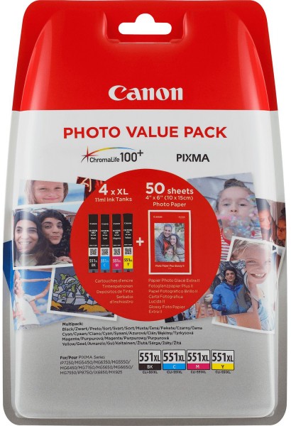 Canon blækpatroner værdipakke CLI-551XL BK/C/M/Y inkl. 50 ark fotopapir 10x15cm