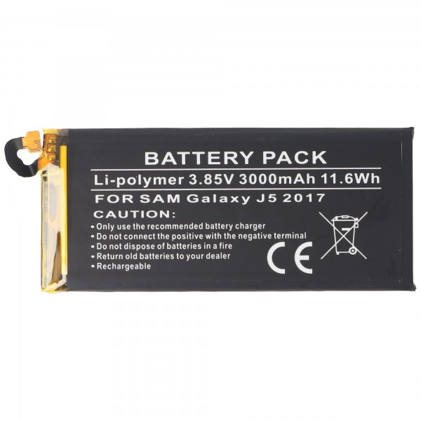 Batteri passer til Samsung Galaxy J5 2017, Li-Polymer, 3,85V, 3000mAh, 11,6Wh, indbygget, uden værktøj