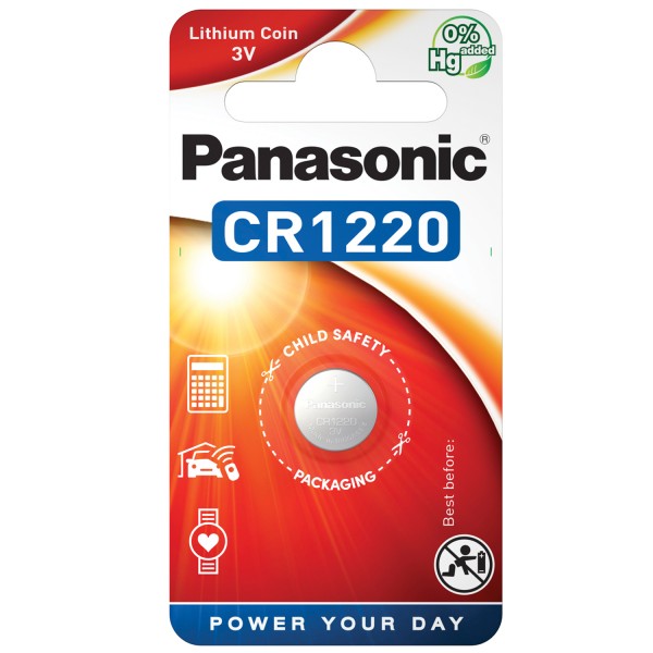 Panasonic CR1220 lithiumbatteri, der passer til de blå kompakte batterier til Winkhaus-låsemekanismen