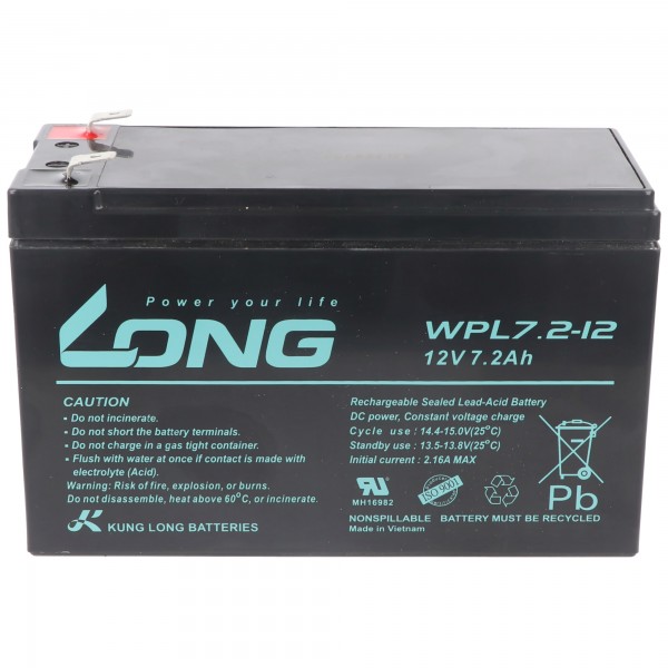 Kung Long WP7.2-12 F2 Longlife bly-fleece batteri, 12V, 7.2Ah med 6.3mm Faston-forbindelse
