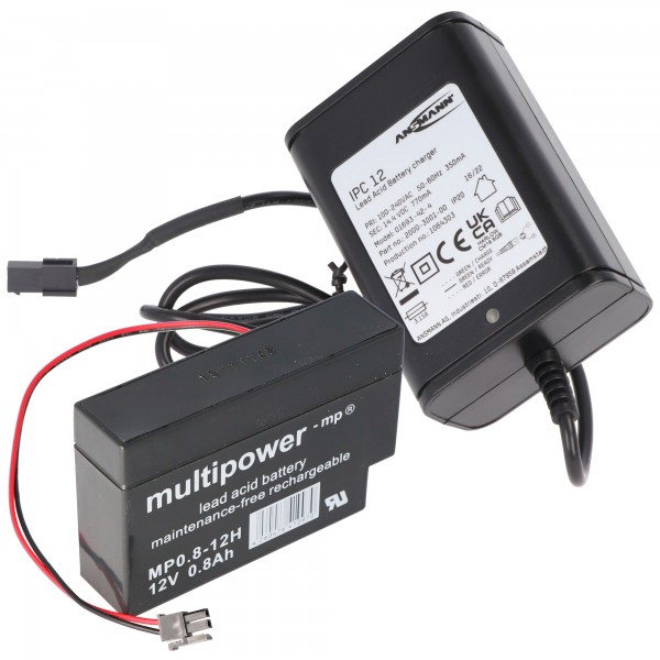Batterioplader inklusiv 1 batteri passer til Multipower blybatteri MP0.8-12H hjem og hus