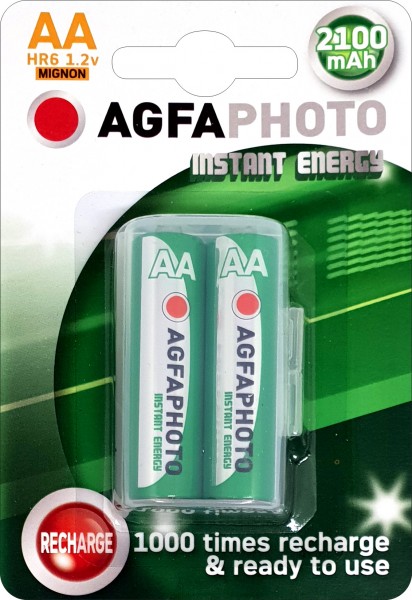 Agfaphoto genopladeligt batteri NiMH, Mignon, AA, HR06, 1,2V/2100mAh Instant Energy, Foropladet, Retail Blister (2-Pack)