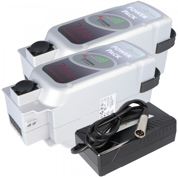 2 strømpakker kompatible med 36V 13Ah 468Wh Panasonic Deluxe-drevsystem inklusive 1x hurtigoplader