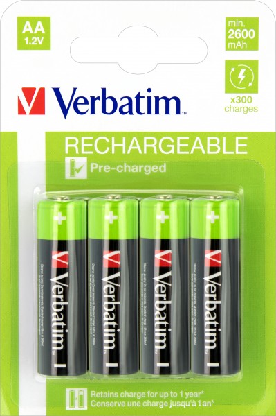 Verbatim genopladeligt batteri NiMH, Mignon, AA, HR06, 1,2V/2500mAh Foropladet, detailblister (4-pak)