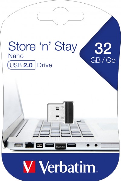 Verbatim USB 2.0 Stick 32GB, Nano Store'n'Stay (R) 10MB/s, (W) 3MB/s, detailblister