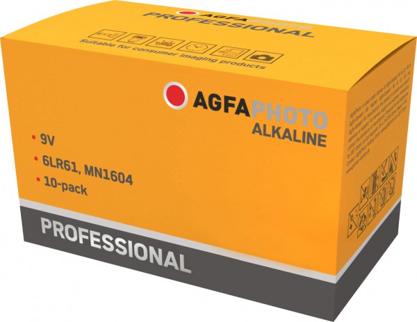 Agfaphoto Battery Alkaline, E-Block, 6LR61, 9V Professional, Retail Box (10-Pack)
