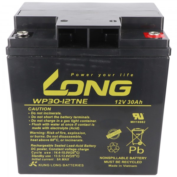 Kung Long WP30-12TNE F8 cyklusresistent bly-fleece batteri, 12 volt, 30 Ah, M6 indvendigt gevind