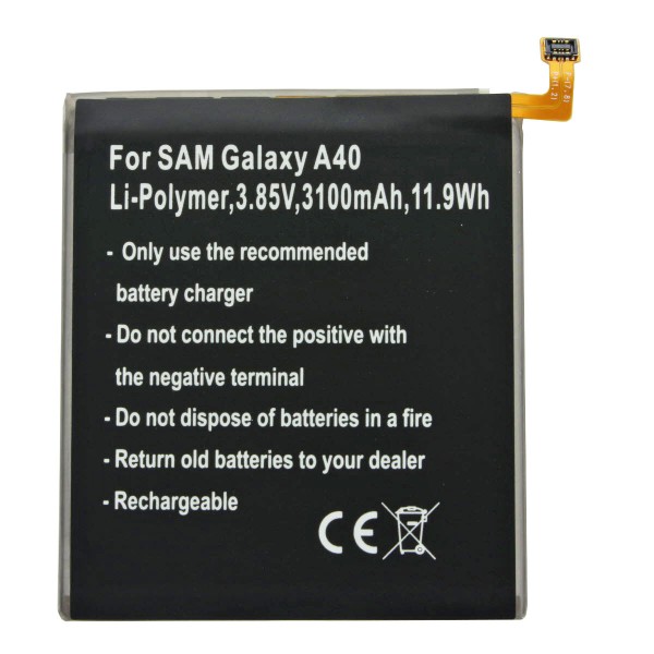 Batteri passer til Samsung Galaxy A40, Li-Polymer, 3,85V, 3100mAh, 11,9Wh, indbygget, uden værktøjer