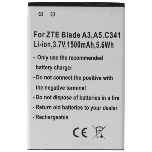 Batteri passer til ZTE Blade A3, A5, C341, Li-ion, 3,7V, 1500mAh, 5,6Wh