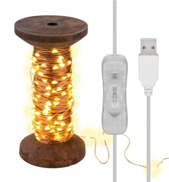 Goobay LED-lyskæde &quot;spole&quot;, stor - med USB-kabel 3 m, lyskæde 15 m med 150 mikro-LED'er i varm hvid (2700 K) og afbryder (tænd/sluk)
